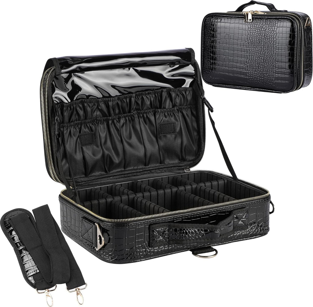 JOURMON Travel Makeup Train Case,Large Capacity Cosmetic Bags for Women,Portable Makeup Bag Organizer with Adjustable Dividers & Shoulder Strap (Crocodile Pattern Black,Medium)