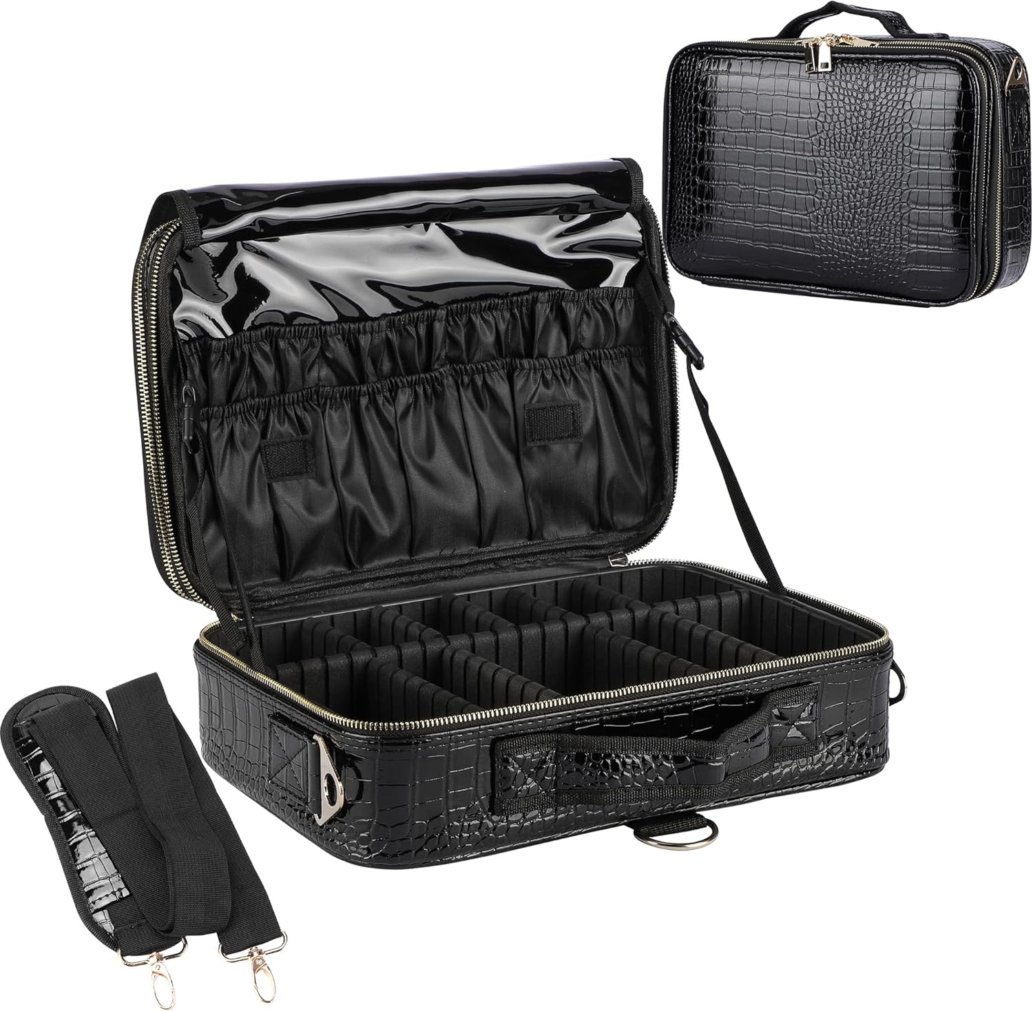 JOURMON Travel Makeup Train Case,Large Capacity Cosmetic Bags for Women,Portable Makeup Bag Organizer with Adjustable Dividers & Shoulder Strap (Crocodile Pattern Black,Medium)