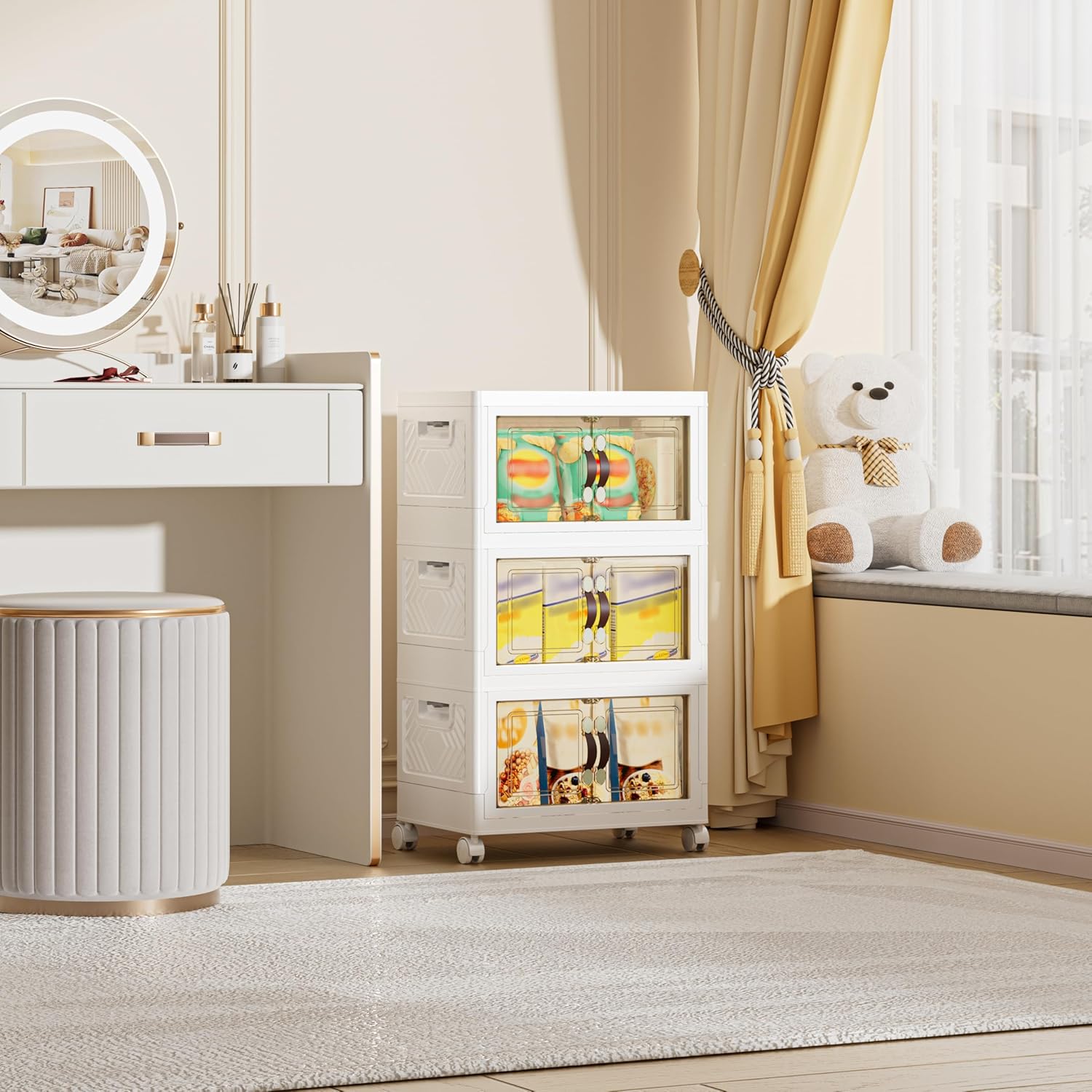 80 QT / 20 Gal Multi-Purpose Stackable Storage Cabinet: Double Magnetic Doors, Foldable, Wheels Included, Leather Handles - Ideal for Pantry, Laundry Room, Dorm