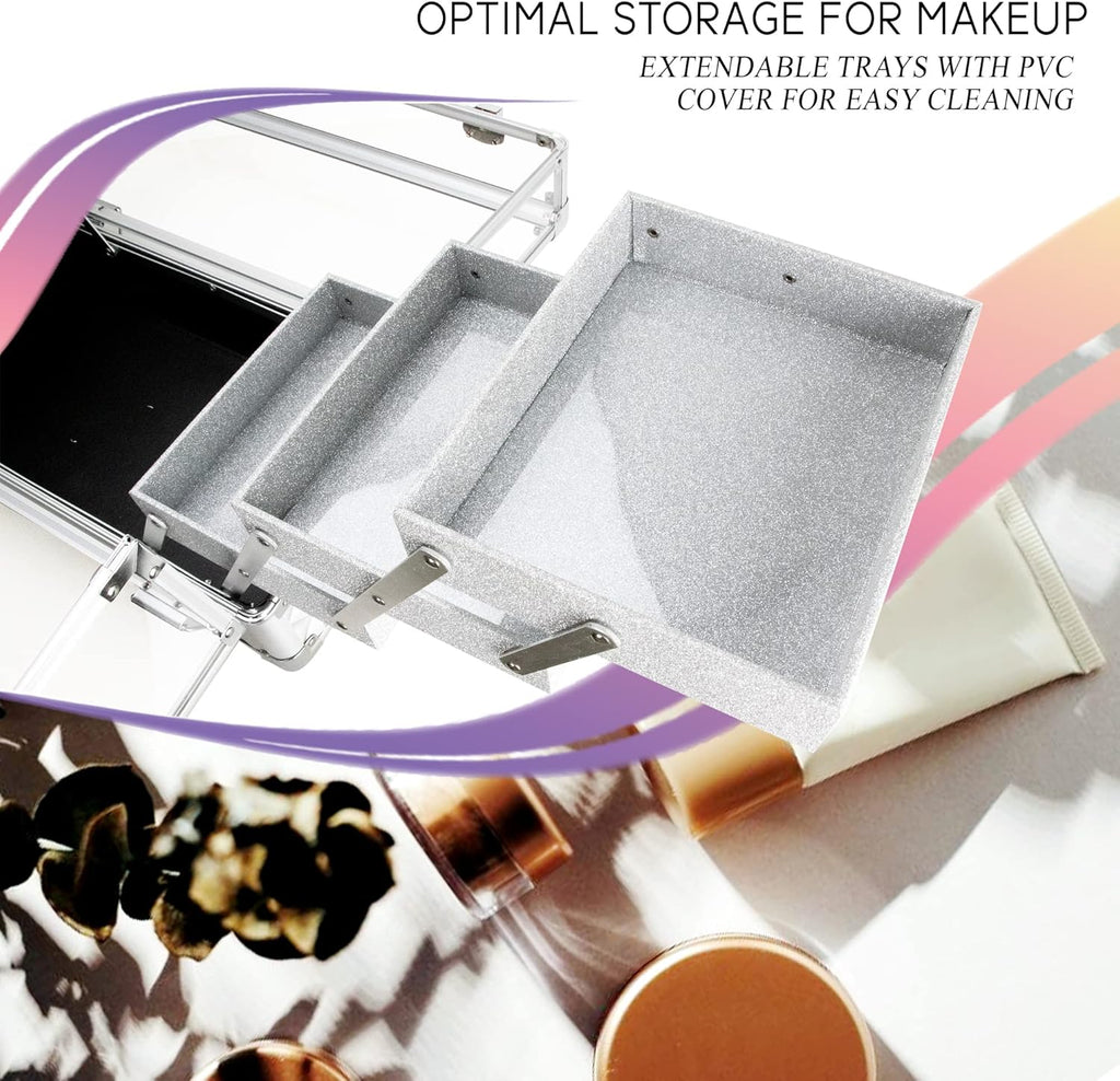 Ver Beauty Makeup Train Case 14 inch Armored Acrylic Large Portable Cosmetic Case 6 Trays Professional Storage Organizer Box Make Up Artist Jewelry Nail Kits Crafts Display Brush Holder- Silver