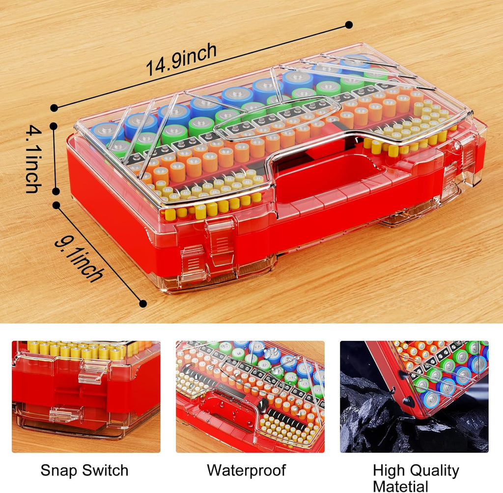 Battery Organizer Storage Holder Box Case with Tester - 285 Batteries Double-Sided Variety Pack, Holds AA AAA 4A C D Cell 9V 3V Lithium LR44 CR2 CR123 CR1632 18650 Button