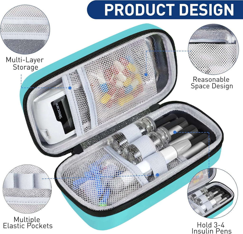 Insulin Cooler Travel Case, Portable Temperature Display Medicine Travel Cooler, Diabetes Case with 2 Reusable Ice Packs TSA Approved for Diabetic Supplies Patent Pending(Seafoam-No Temp)