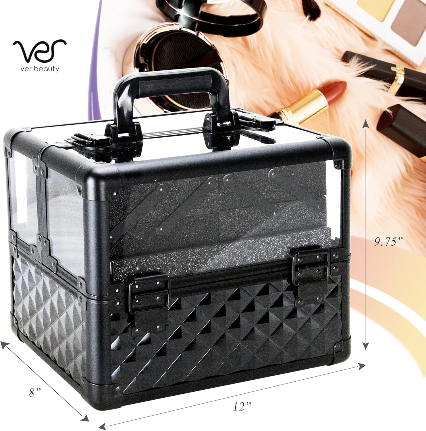 Ver Beauty Armored Acrylic Cosmetic Case Organizer Train Makeup Case with 4 Extendable Trays and Bottom Compartment Key and Lock (Black Diamond)
