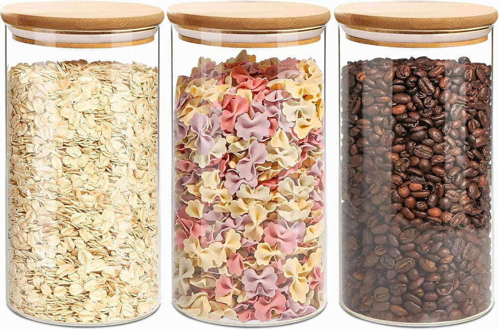 1.5 Qt Round Glass Storage Containers with Lids, Clear Food Storage Container Jar with Sealing Bamboo Lid for Noodles Flour Cereal Rice Sugar Tea Coffee Beans（Round-3Pack ）
