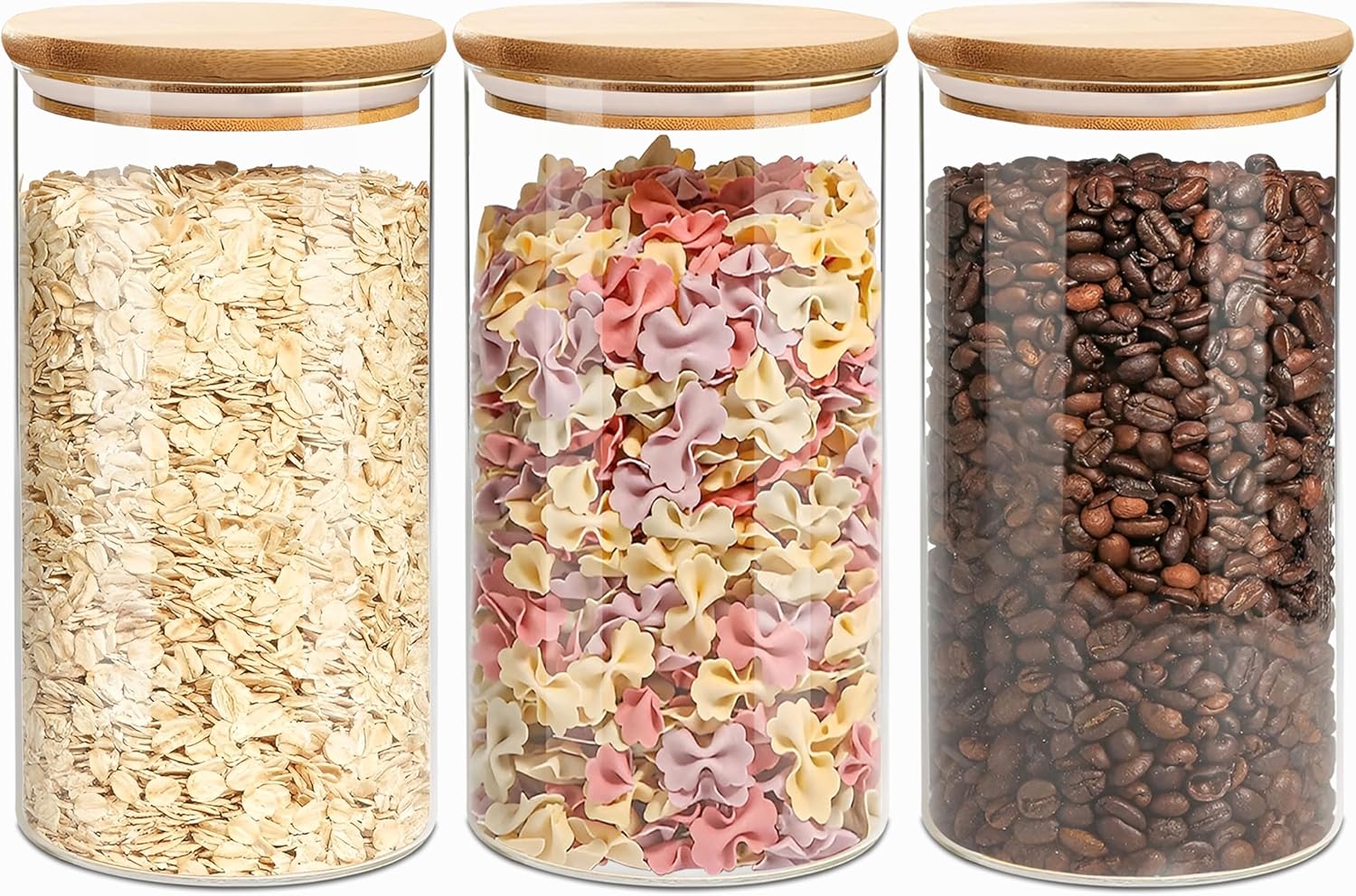 1.5 Qt Round Glass Storage Containers with Lids, Clear Food Storage Container Jar with Sealing Bamboo Lid for Noodles Flour Cereal Rice Sugar Tea Coffee Beans（Round-3Pack ）
