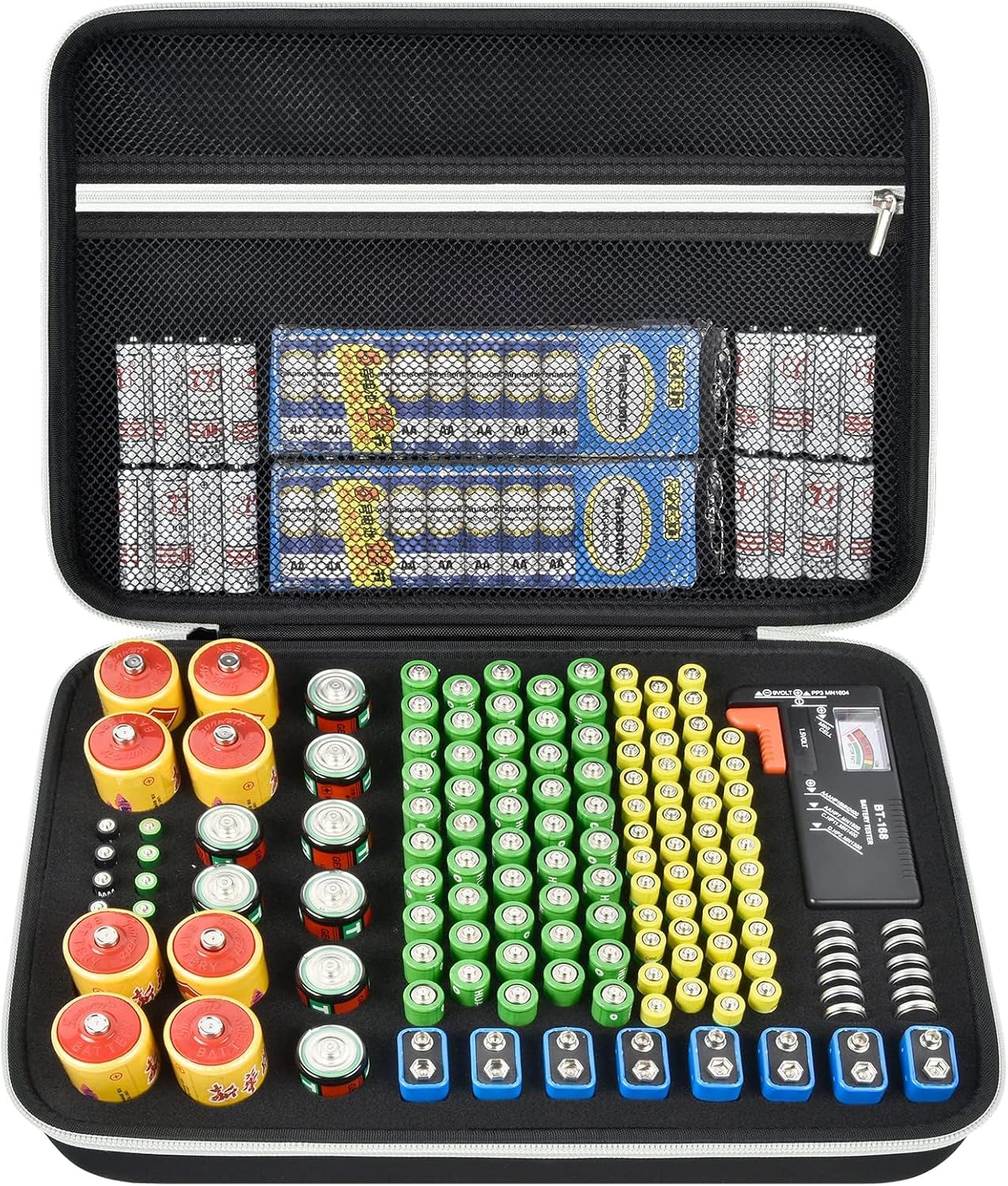 Battery Storage Organizer Box with Tester BT-168, Variety Case Holds 140+ AA, AAA, C, D, 9V, Lithium 3V Button Batteries- Not Includes Batteries(Black)