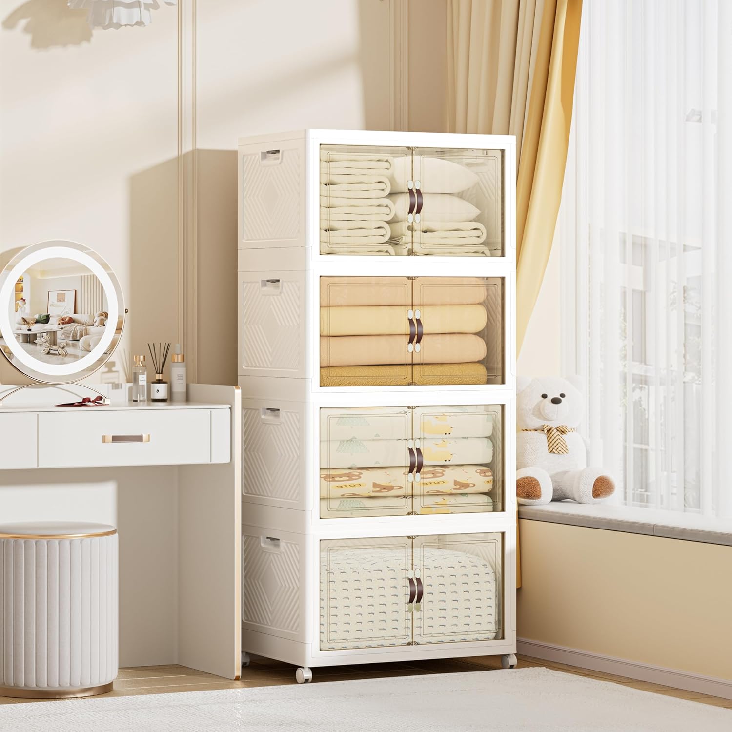 416 QT / 104 Gal Large Foldable Stackable Plastic Storage Cabinet with Double Magnetic Doors, Leather Handles & 4 Wheels - Organize Home, Office, Closet