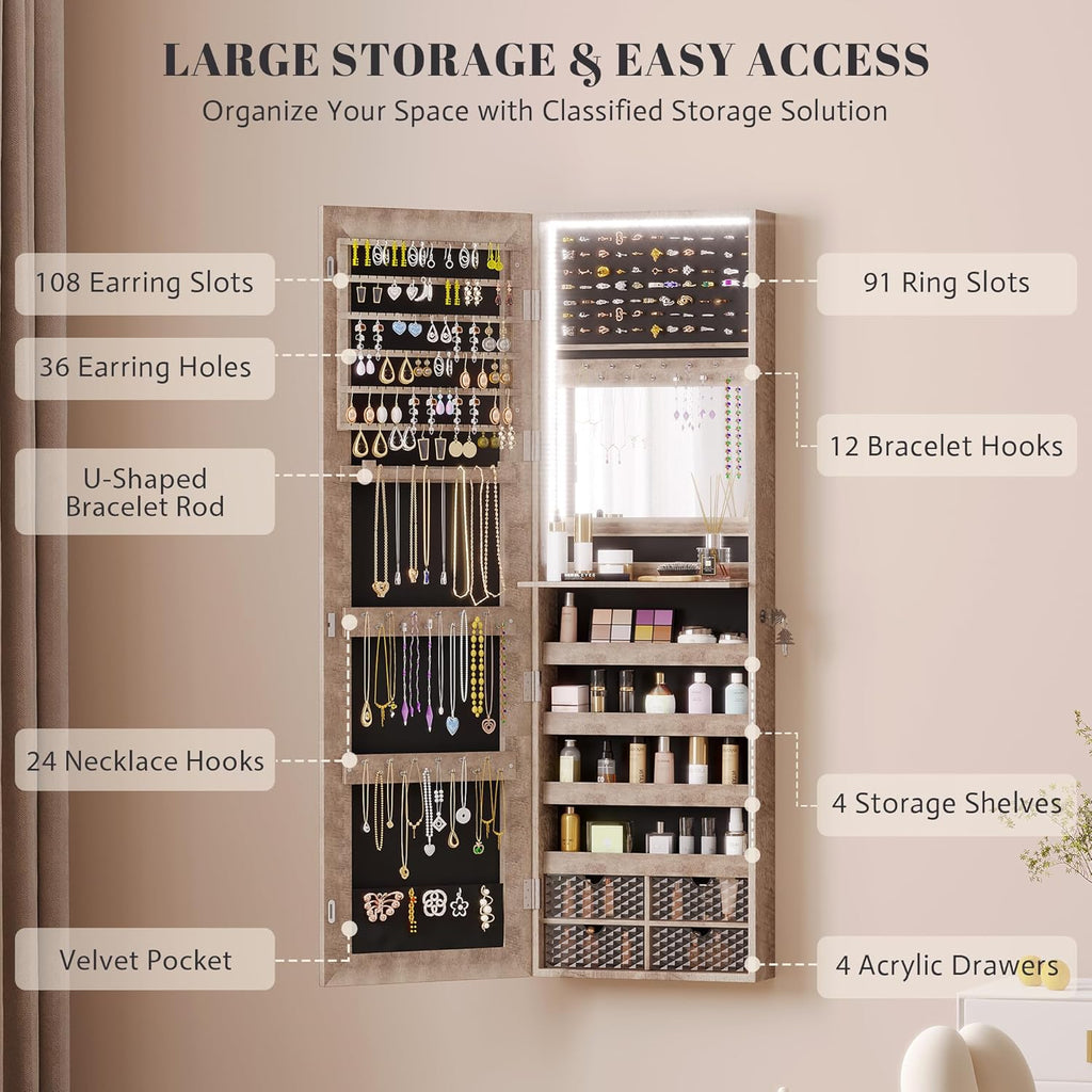 Vlsrka 47.2 Inch Full Length Mirror with Storage, Wall Mount Mirror Jewelry Cabinet, Over The Door Hanging Jewelry Armoire Organizer, Built-in Light, 4 Drawers, 5 Shelves, Lockable (Wood)