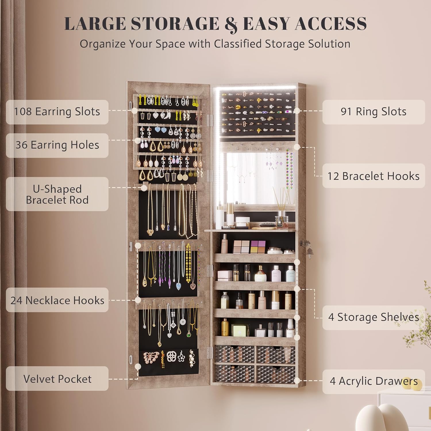 Vlsrka 47.2 Inch Full Length Mirror with Storage, Wall Mount Mirror Jewelry Cabinet, Over The Door Hanging Jewelry Armoire Organizer, Built-in Light, 4 Drawers, 5 Shelves, Lockable (Wood)