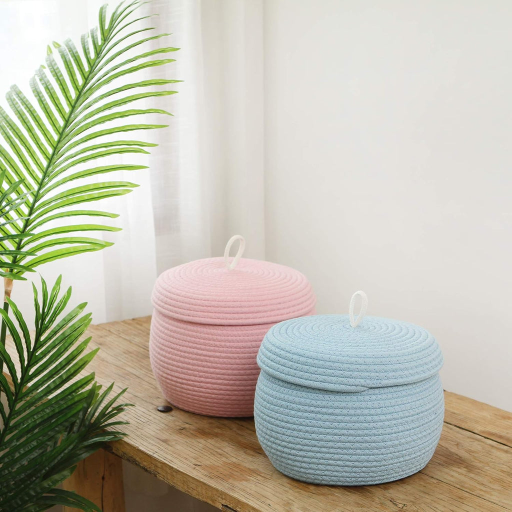 Sea Team Round Cotton Rope Storage Basket with Lid, Decorative Woven Storage Bin, Pot, Caddy, Organizer, Container for Snacks, Towels, Plants, 10 x 7.5 Inches (Small, Blue)