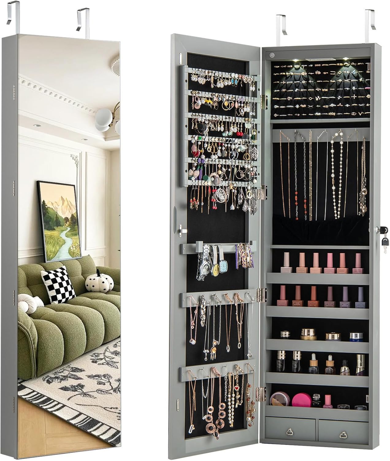 Giantex Wall or Door Mounted Jewelry Armoire with 47.5" Full Length Mirror, Lockable Cabinet with 2 LED Lights, 2 Drawers, Over the Door Large Jewelry Storage Organizer (Gray)