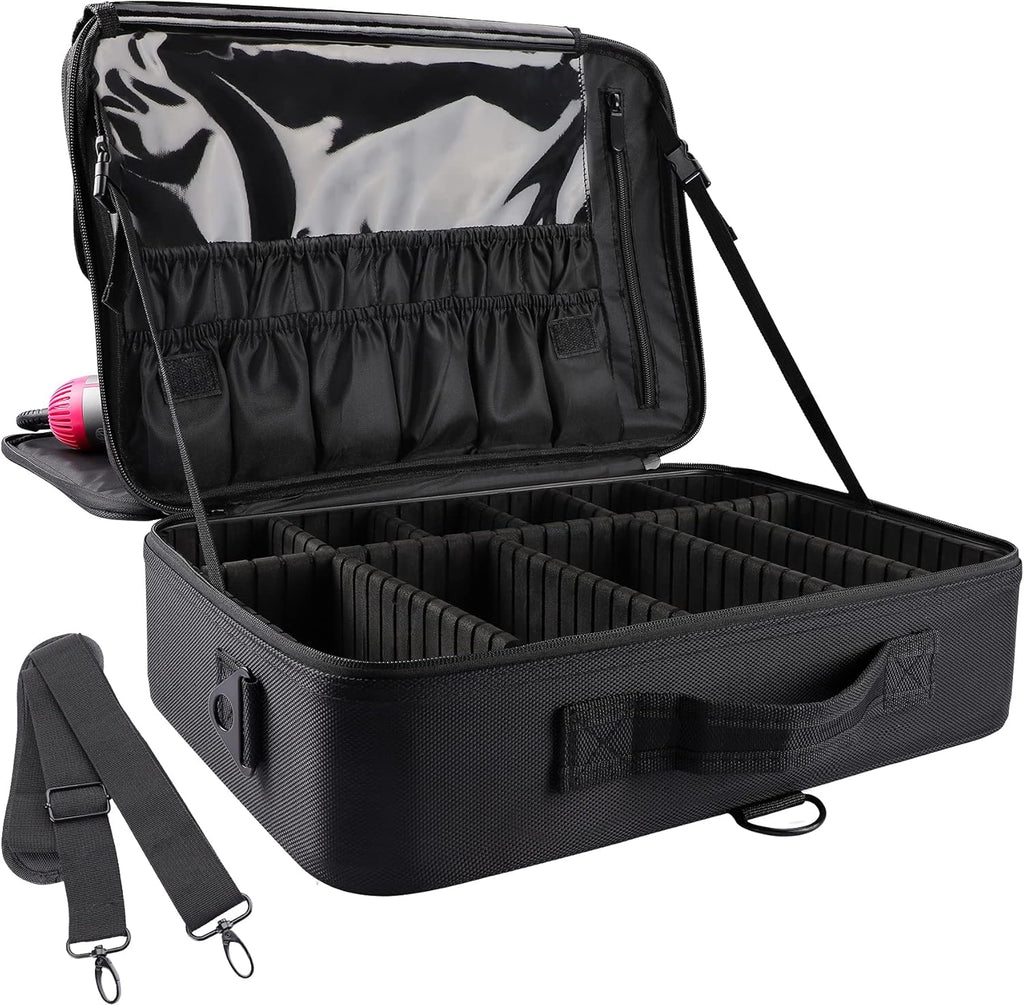 JOURMON Travel Makeup Train Case,Large Capacity Cosmetic Bags for Women,Portable Makeup Bag Organizer with Adjustable Dividers & Shoulder Strap (Black, L)