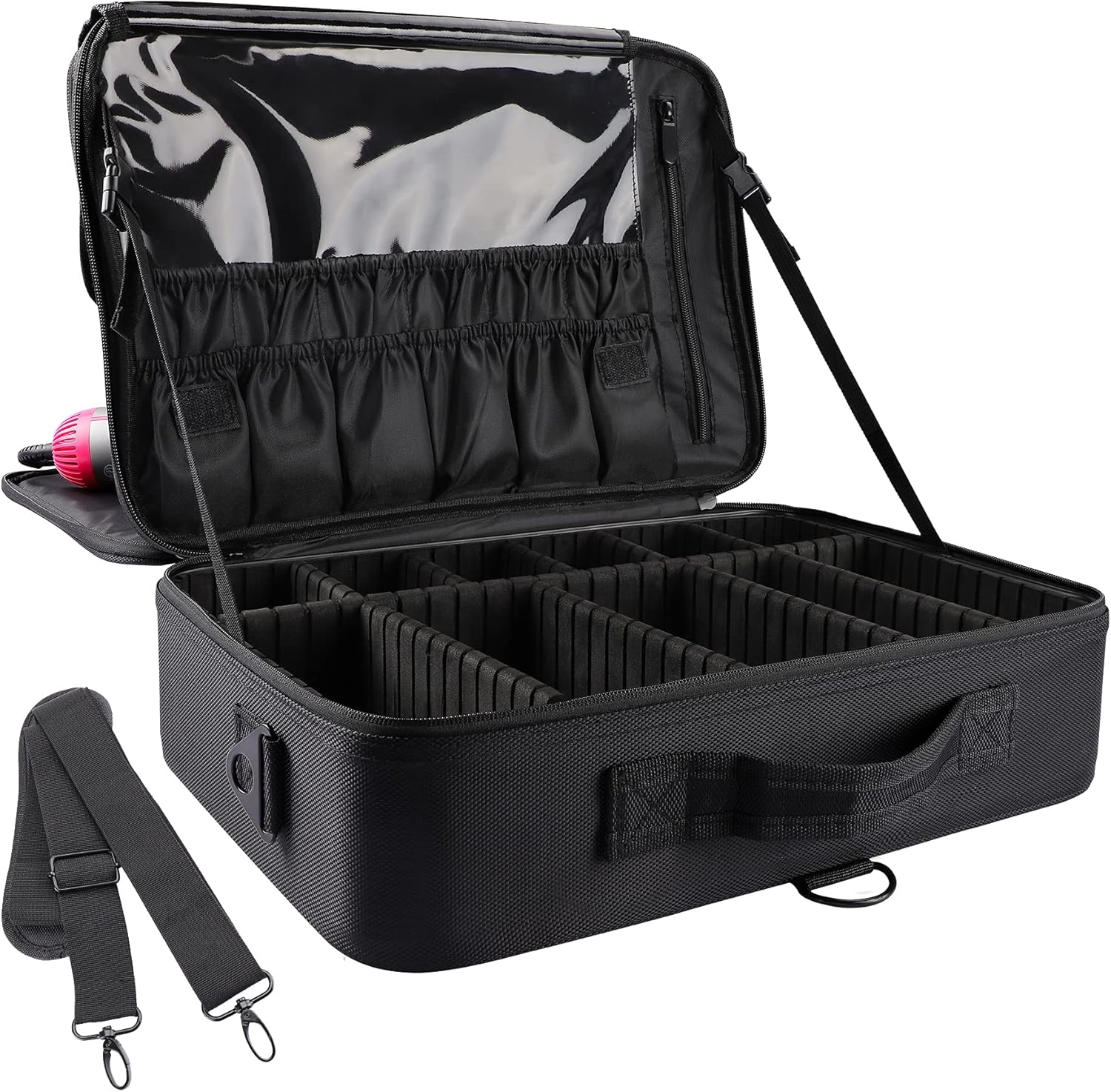 JOURMON Travel Makeup Train Case,Large Capacity Cosmetic Bags for Women,Portable Makeup Bag Organizer with Adjustable Dividers & Shoulder Strap (Black, L)