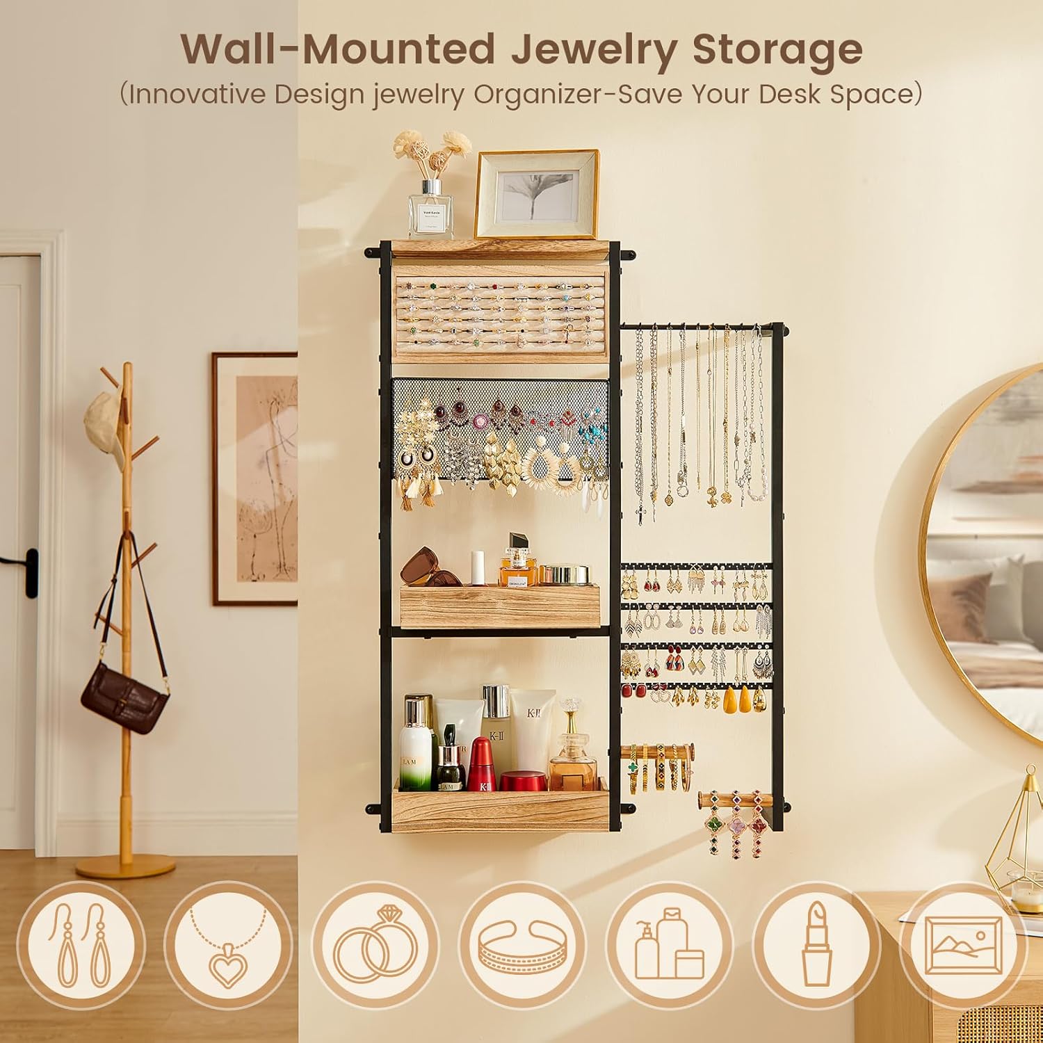 Pinzoveco Hanging Jewelry Organizer Wall Mounted, Large Hanging Jewelry Organizer Holder for Necklaces,Bracelest,Earrings,Rings,Watched,Makeup & Perfume (Black)