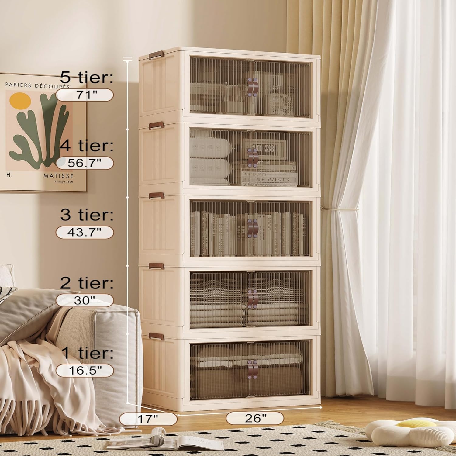 SAILUN 145Gal/580Qt Stackable Storage Bins Folding Collapsible Storage Bins with Lid, Closet Organizers and Storage Box with Door Beige 26" W x 17" D x 71" H