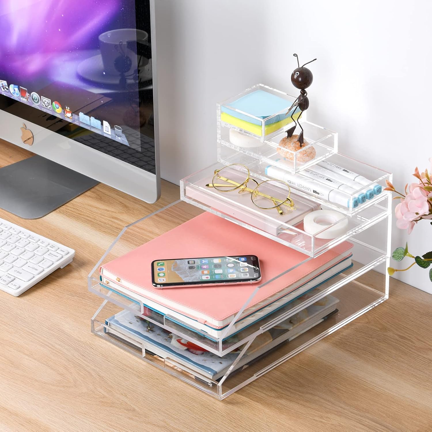 (2pcs Pack) Stackable Clear Acrylic Paper Trays, Desk File Organizer, A4 Paper Holder, Letter Tray