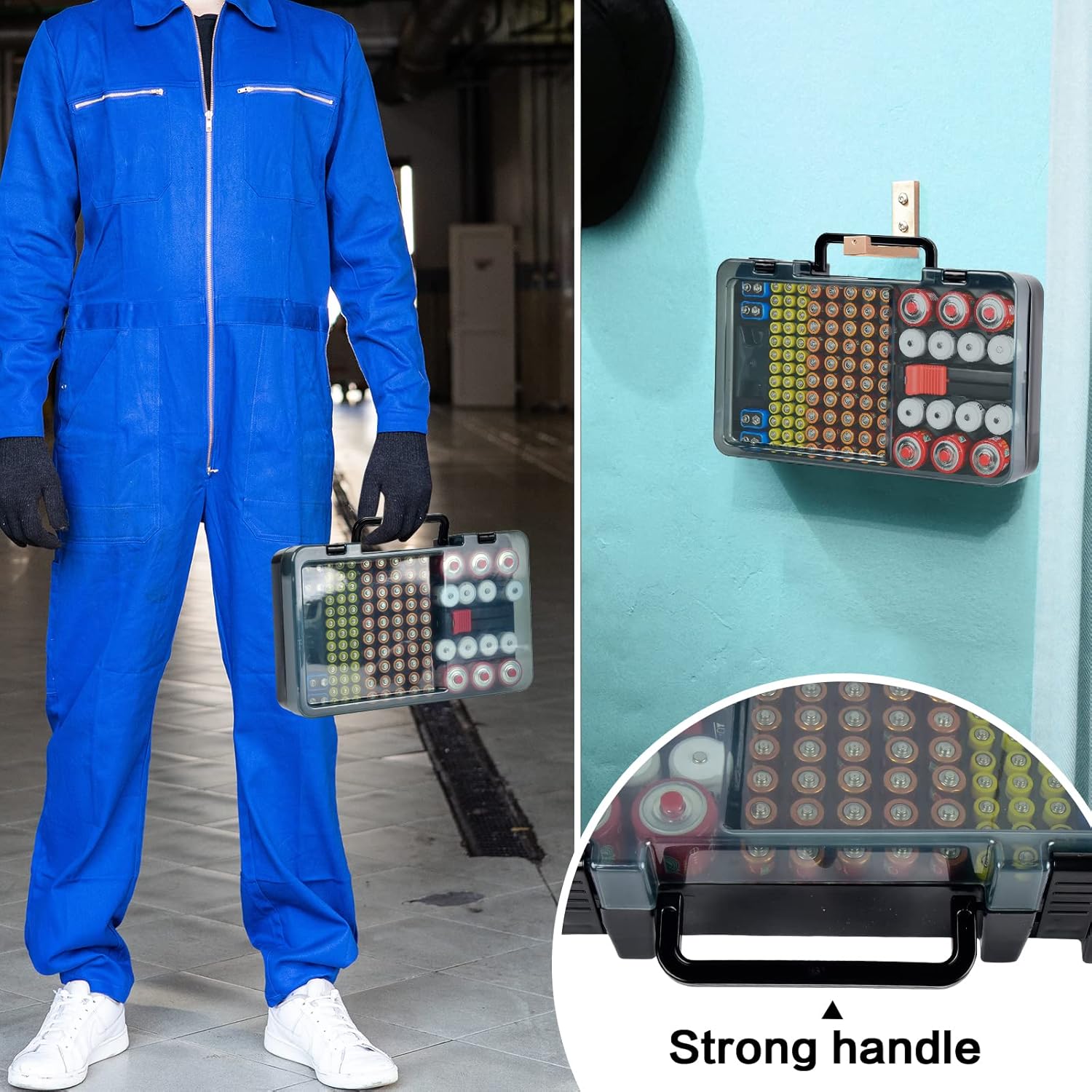 Battery Organizer Storage Case with Tester Checker. Batteries Holder Box Container for 120+ AA AAA 9V C D Lithium CR2025 CR1632 CR2032 Coin Cell Battery with Wall-Mounted Design -Black