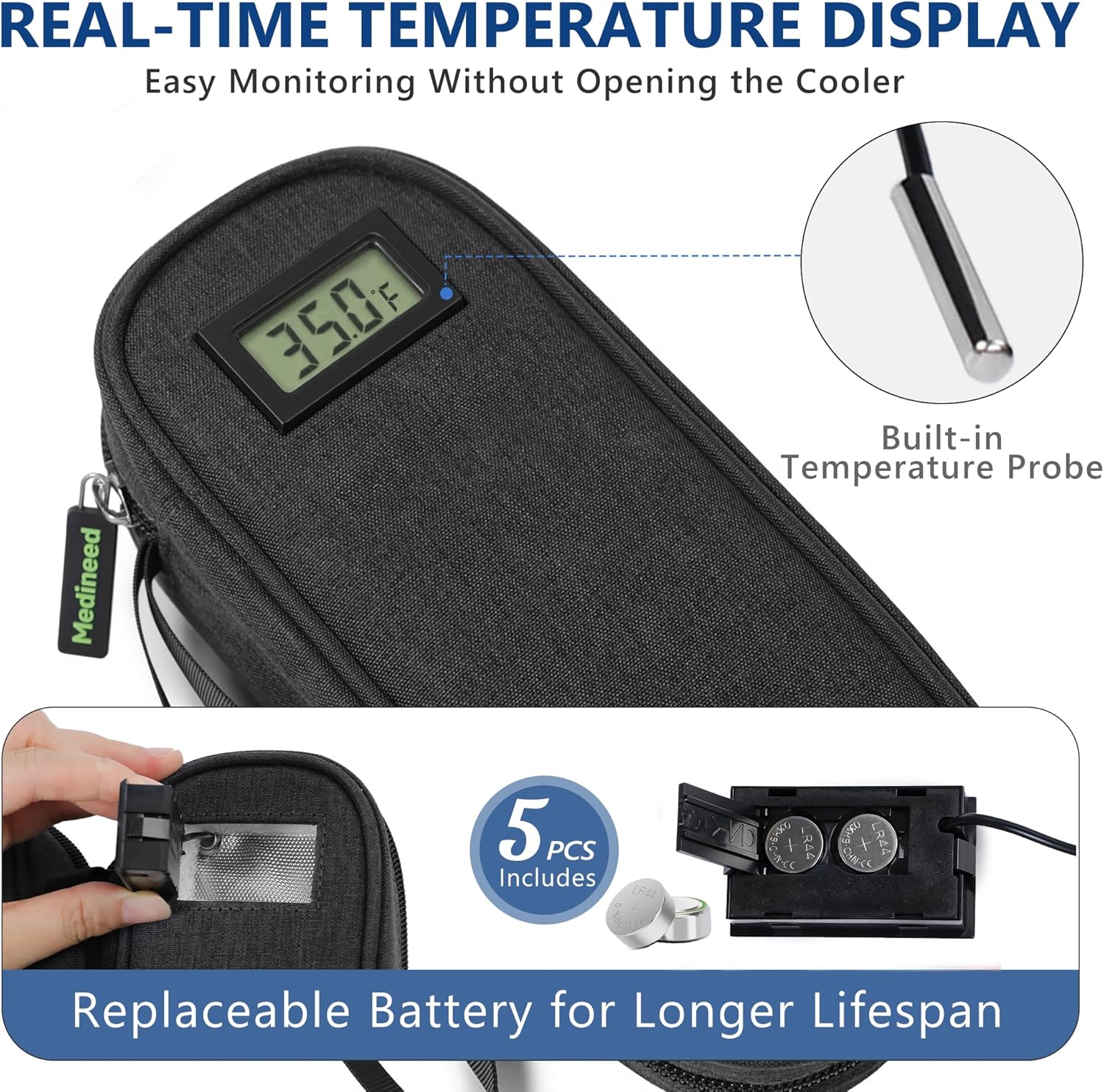 Insulin Cooler Travel Case TSA Approved with Temperature Display – Diabetic Medication Travel Case with 2 × 90g Ice Packs, Portable Medicine Organizer for 3–4 Insulin Pens and Diabetic Supplies(Black)