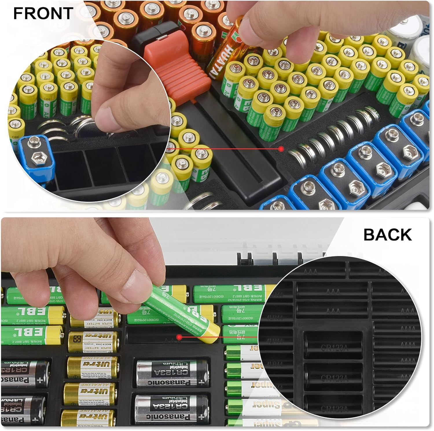 Battery Organizer Storage Holder Case with Double-Sided, Garage Box with Tester Checker. Batteries Container for 269pcs AA AAA AAAA 3A 4A 9V C D Lithium 4LR44 CR2 CR123A CR1632 CR2032 18650 - Black