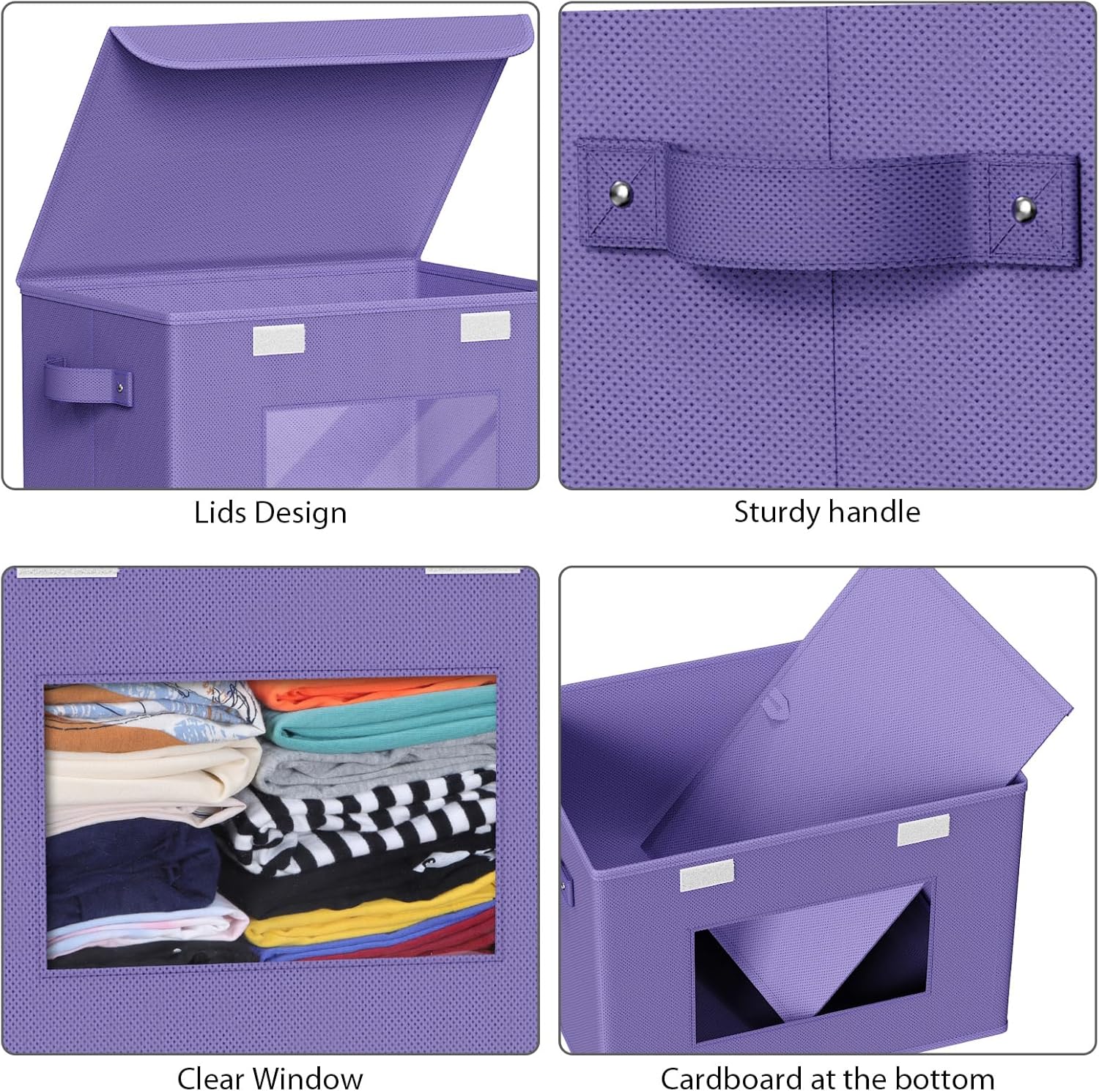 Univivi Storage Bins with Lids [4-Pack] Fabric Lidded Storage Baskets Stackable Closet Storage Bins, Closet Organizers and Storage with Lid & Clear Window for Home, Office, Bedroom (Purple)