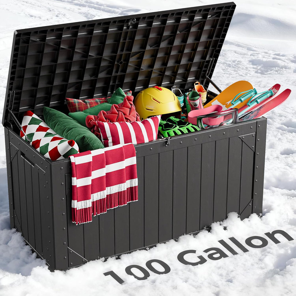 100 Gallon Outdoor Storage Box, Lockable Resin Deck Box for Patio Cushions, Throw Pillows, Garden Tools, Weatherproof Large Outdoor Storage Bench for Yard, Porch, or Balcony