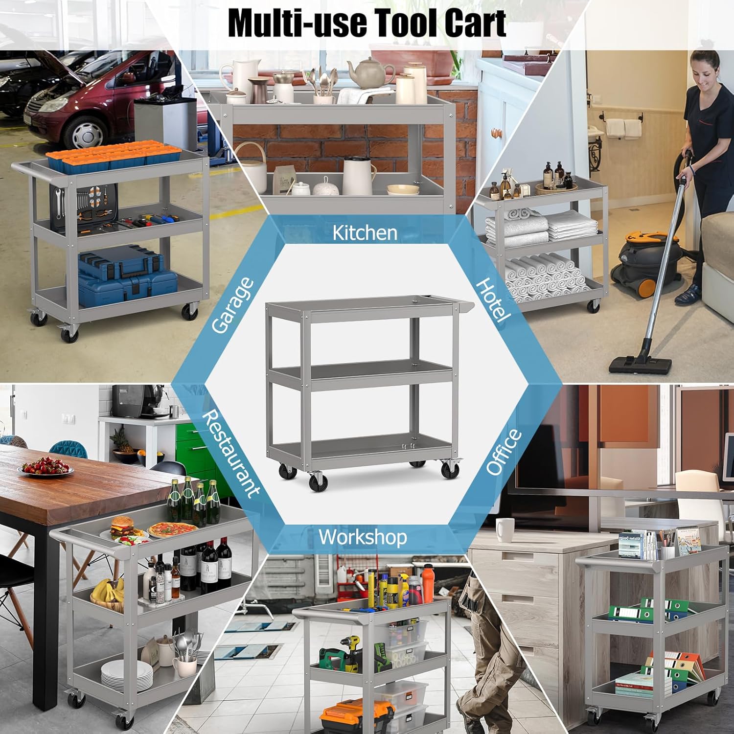 Goplus 3-Layer Service Utility Cart, Heavy Duty Unity Cart with Flat Handle, 2 Lockable Universal Wheel, 400 lbs Capacity, Rolling Tool Cart for Garage, Kitchen, Hotel, Office, Workshop Grey