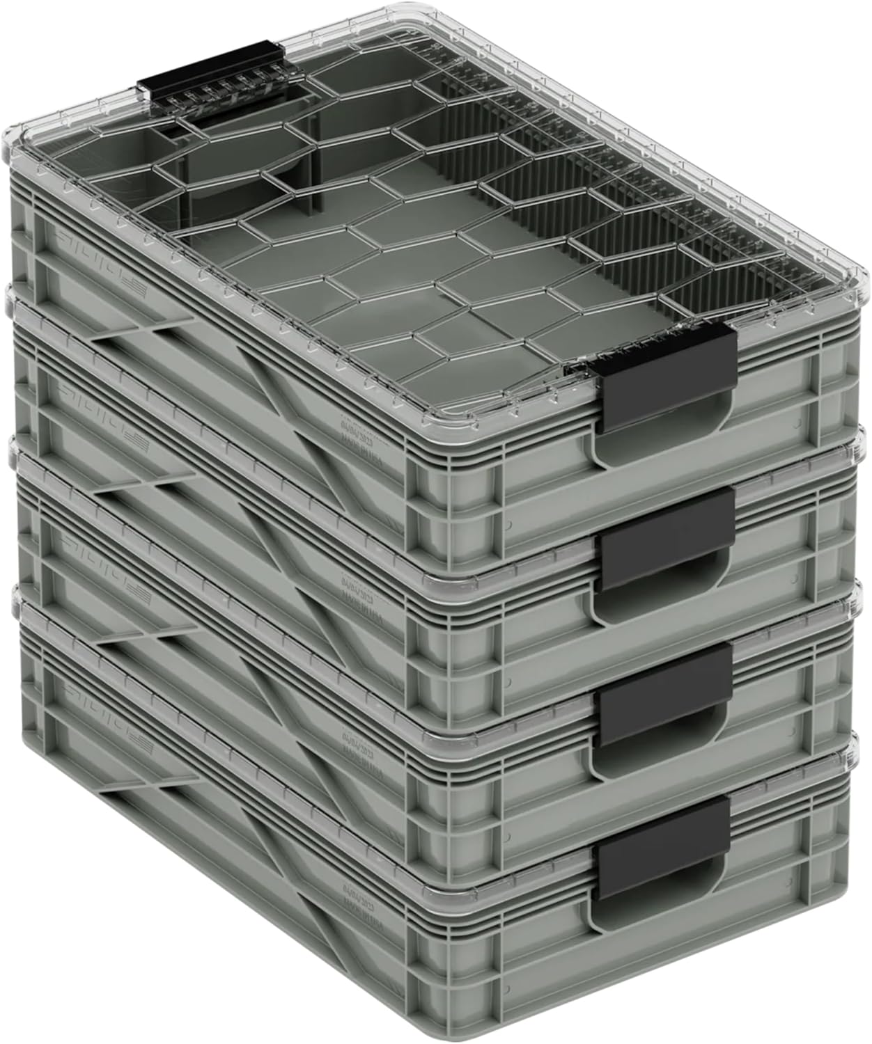 SIDIO Quarter Crate 4 Pack of Stackable Storage Bins - Organizer Bins with Dividers for Garage Organization, Home Storage - Heavy Duty Plastic Containers - 19.16” x 12.75”x 4.57” (Aircraft)