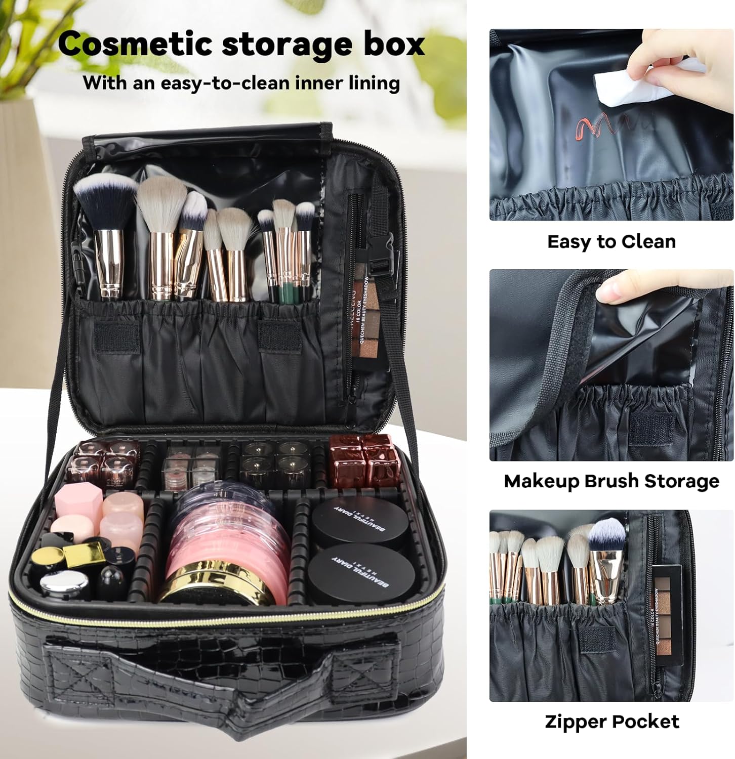 Travel Makeup Bag Makeup Cosmetic Train Case Organizer Portable Storage Bag with Adjustable Dividers for Cosmetics Makeup Brushes Toiletry Jewelry Black Crocodile Pattern