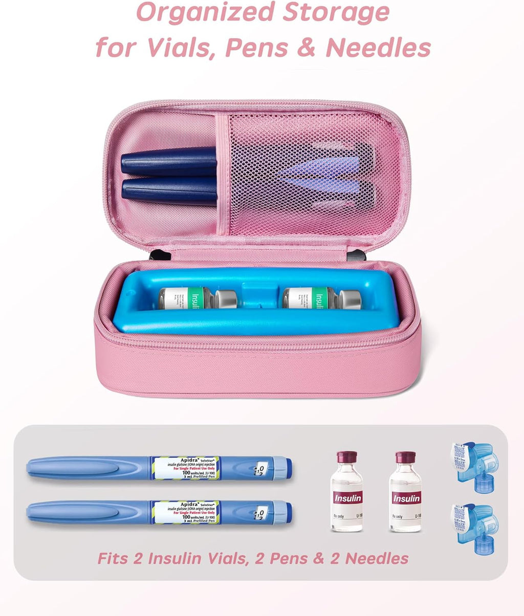 Insulin Vial Cooler Travel Case TSA Approved 300g Reusable Ice Brick Insulin Pen Case Holds 2 Pens and 2 Vials Long Lasting Medicine Cooler for Travel Camping and Outdoor Activities (Pink)