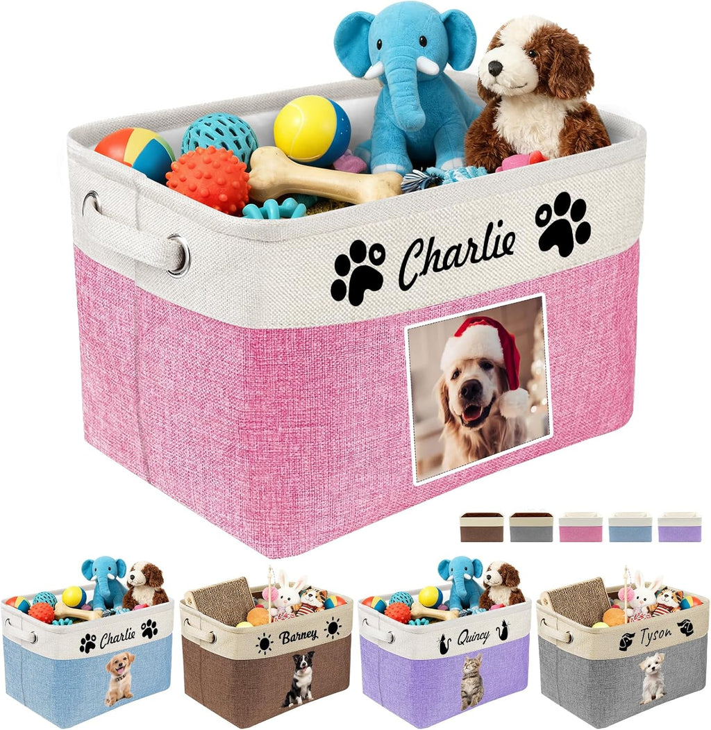 Personalized Dog Toy Storage Basket Custom Dog Name Photo Cat Pet's Gift Baskets Collapsible Organizer Box Foldable Storage Basket with Handle for Toys, Coats, Clothing, Blankets, Pink