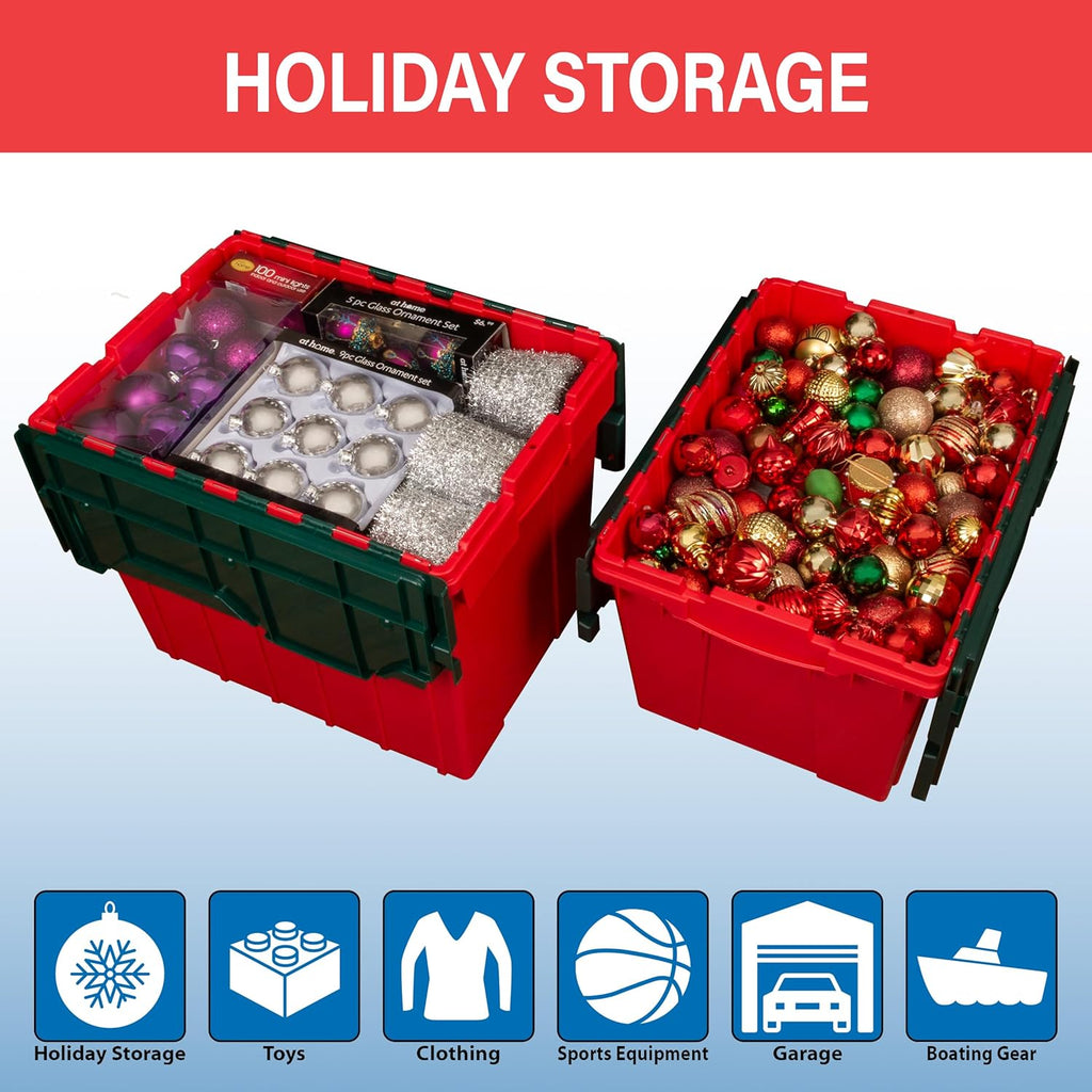 Akro-Mils KeepBox 12 Gallon Storage Container, Nesting and Stackable Plastic Storage Box with Lid Attached, Clear Tote for Garages, Closets, and Moving, 21-1/2" x 15" x 12-1/2", Red/Green