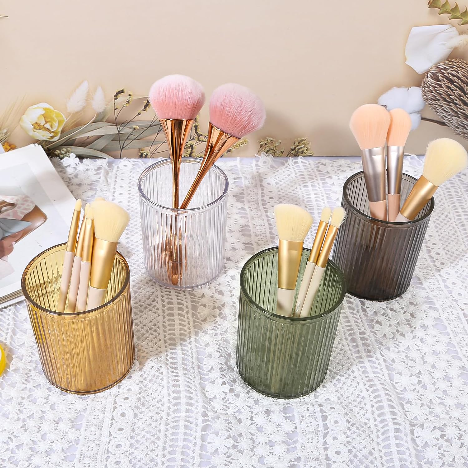 DASITON Makeup Brush Holder Organizer, Acrylic Makeup Brush Cup, Vintage Striped Make Up Brush Holder for Vanity, Bathroom Countertop, Toothbrush Holders, Pen Holder for Desk Storage (Black)