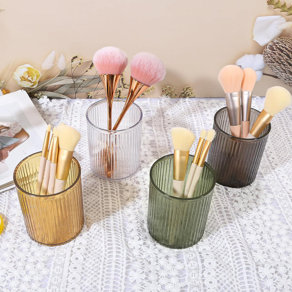 DASITON Makeup Brush Holder Organizer, Acrylic Makeup Brush Cup, Vintage Striped Make Up Brush Holder for Vanity, Bathroom Countertop, Toothbrush Holders, Pen Holder for Desk Storage (Clear)