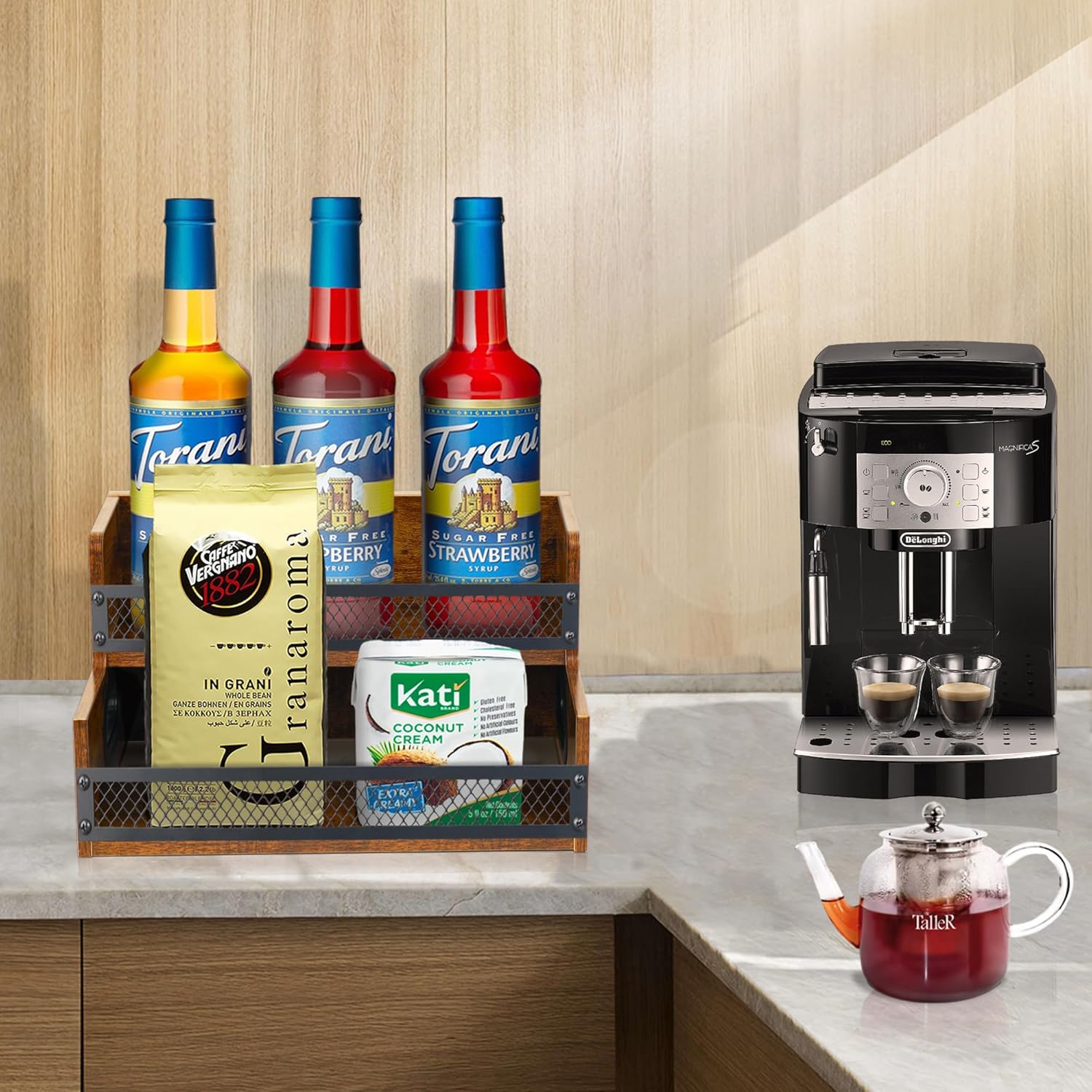 Liquor Bottle Display Shelf, Coffee Syrup Rack Organizer, 2 Step Countertop Liquor Wine Rack, 6 Bottles Coffee Station Organizer with Fences & Handles, Home Retro Bar Shelf Stand for Liquor Whiskey