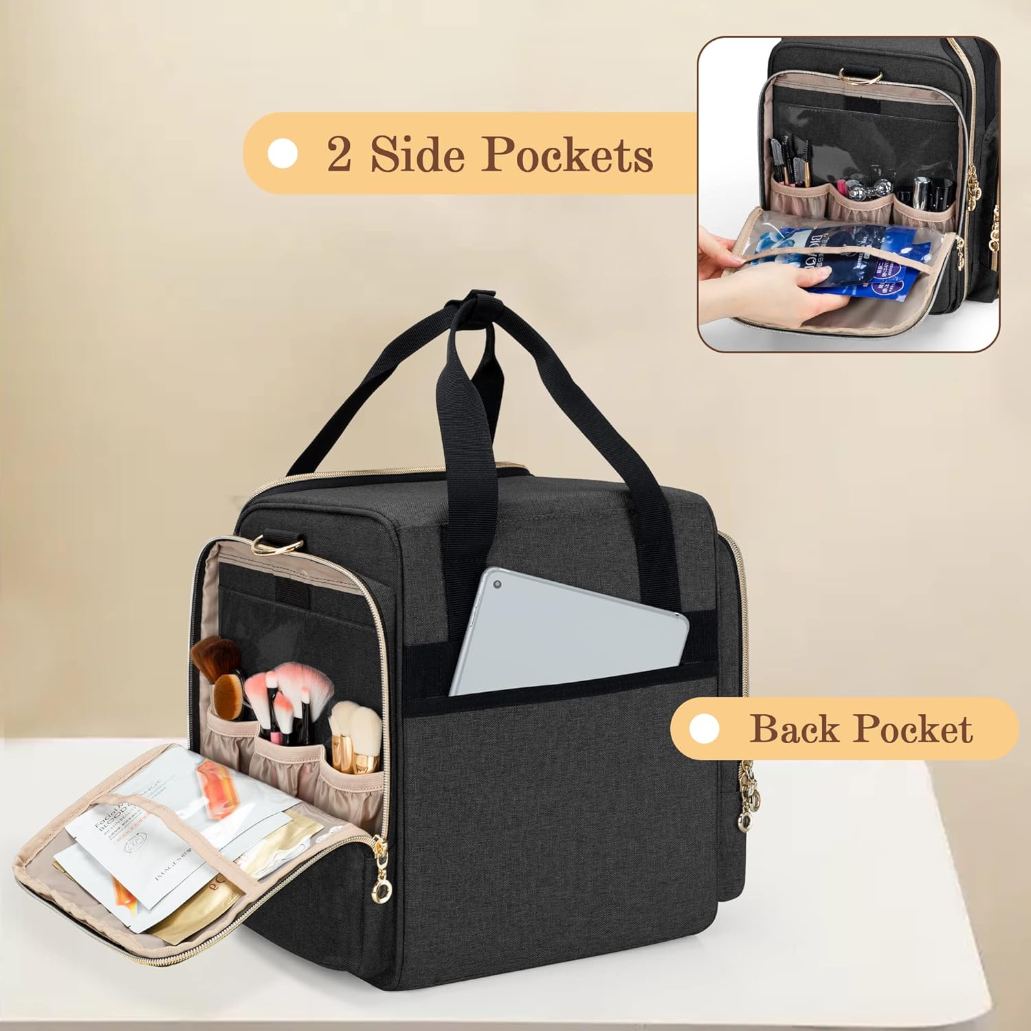 LUXJA Travel Makeup Bag with 4 Inner Removable Cases, Large Cosmetic Bag with Multiple Storage Sections (Patent Design, Bag Only), Black