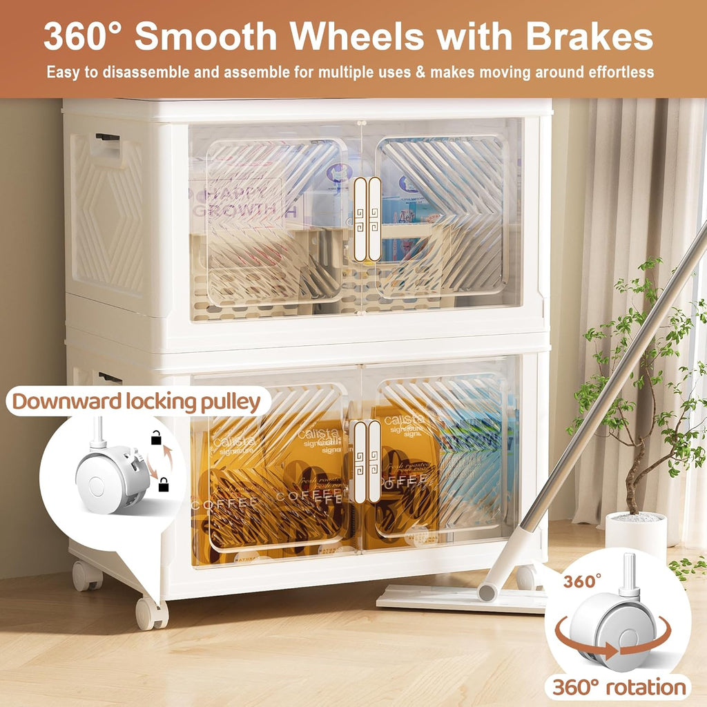 Storage Bins with Lid 48QT, Stackable Storage Containers with Wheels and Magnetic Doors, Plastic Clothes Closet Organizers and Storage Box for Home and Office (4 Pack)