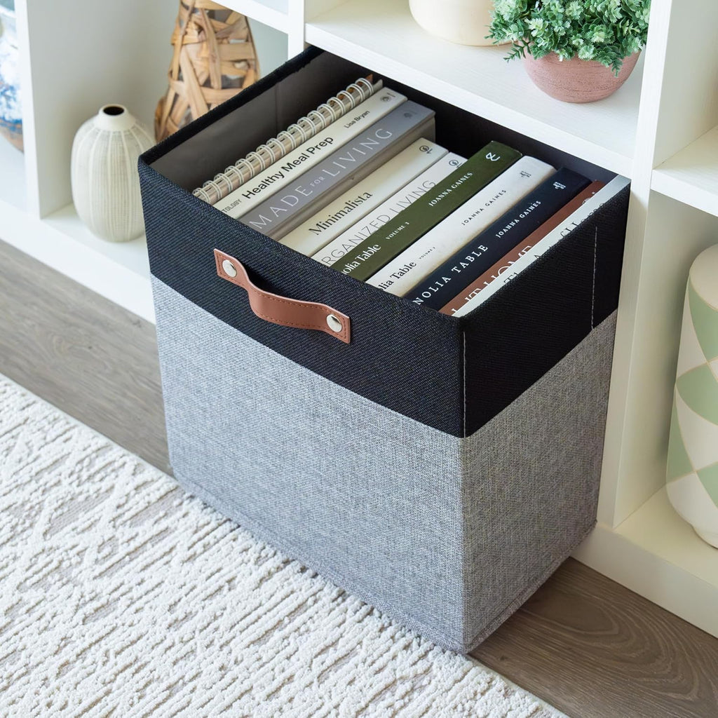 OrganiHaus 13" x 13" x 13" Cube Fabric Storage Bins Set of 4, Fabric Storage Cubes w/ Vegan Handles, 13 inch Collapsible Bins for Clothes & Toy Organizer, 13x13 Basket for Kallax - Grey/Black
