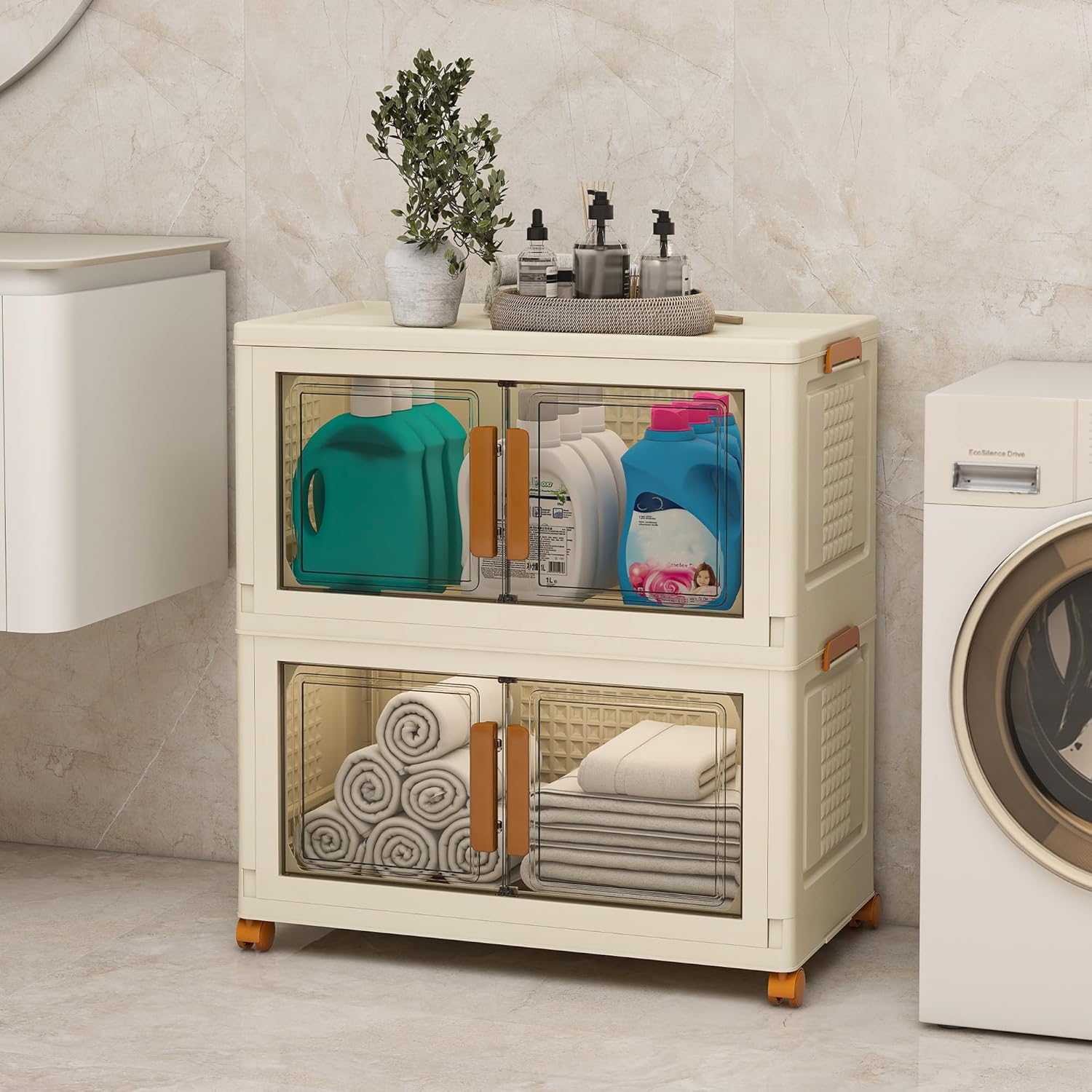 Plastic Stackable Storage Bins with Lids and Wheels, Foldable Closet Organizers and Storage Containers, Collapsible Clear Drawer Storage Cabinet with Doors Ivory White 91.2 QT