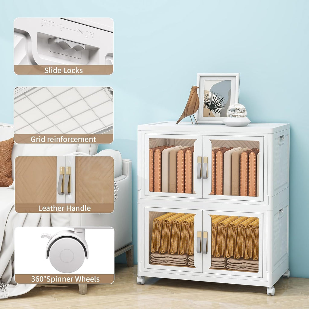 Large Clear Stackable Storage Bins with 2 Lids, Foldable Storage Cabinet for Closet Organizers and Storage, Plastic Storage Box with Wheels 597 QT