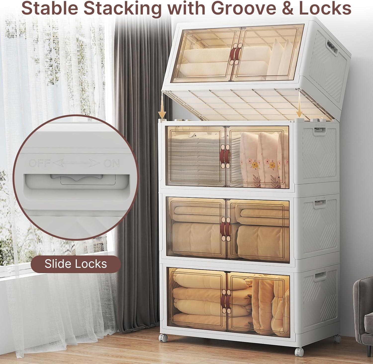 Extra Large Stackable Storage Bins with Lids & Wheels & Door, 660QT-165QT/41GAL*4Pack Foldable Collapsible Closet Organizers, Plastic Containers Drawers for Bedroom Dorm Garage Christmas gift