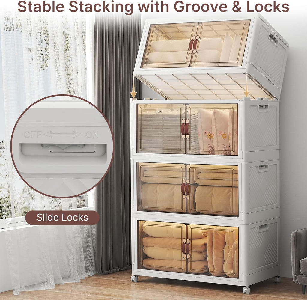 640Qt Stackable Storage Bins with Lids, 4 Pack Large Collapsible Bins with Wheels, Plastic Cabinet with Doors, Foldable Closet Organizers and Storage for Home, Dorm, Office, White