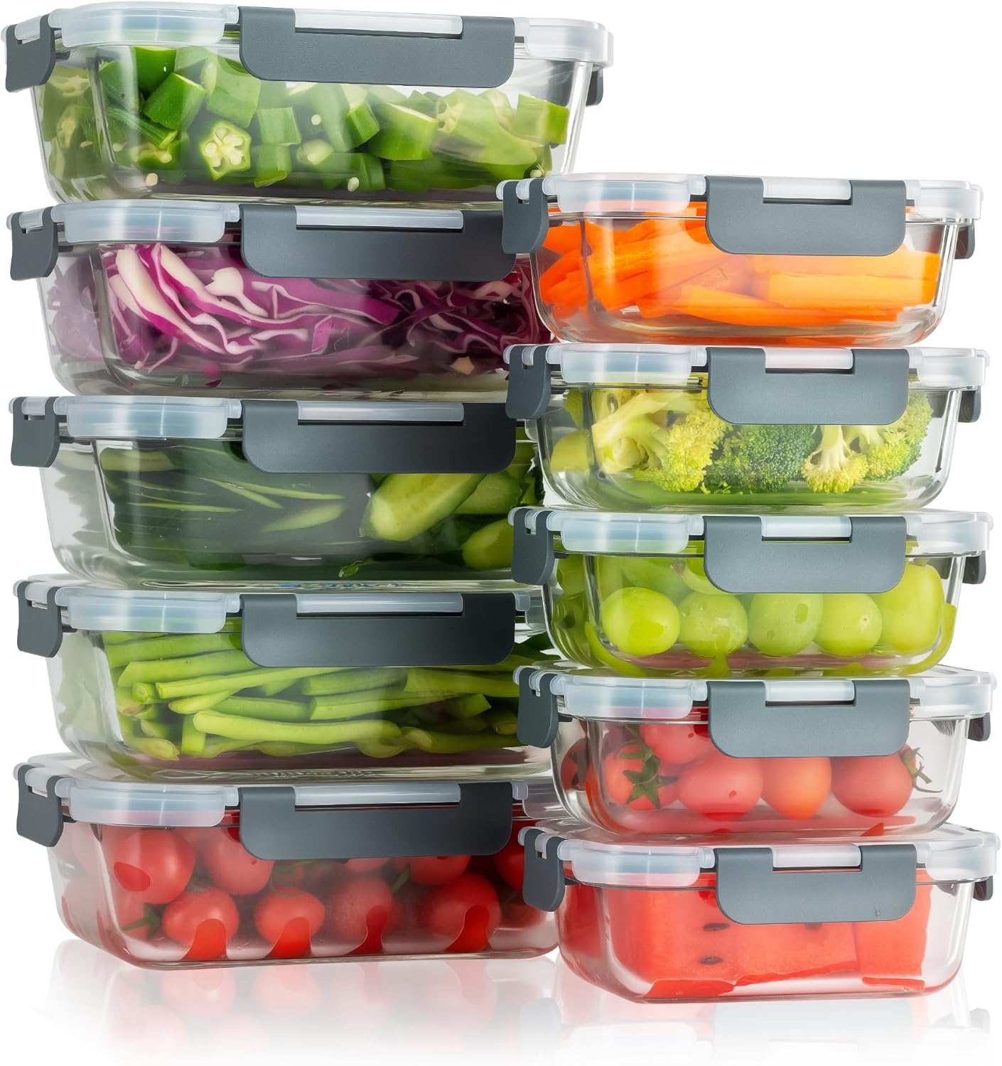 10-Pack Meal Prep Containers with Snap Locking Lids, Glass Airtight Lunch, Food Storage Containers, Microwave, Oven, Freezer and Dishwasher Friendly, Gray