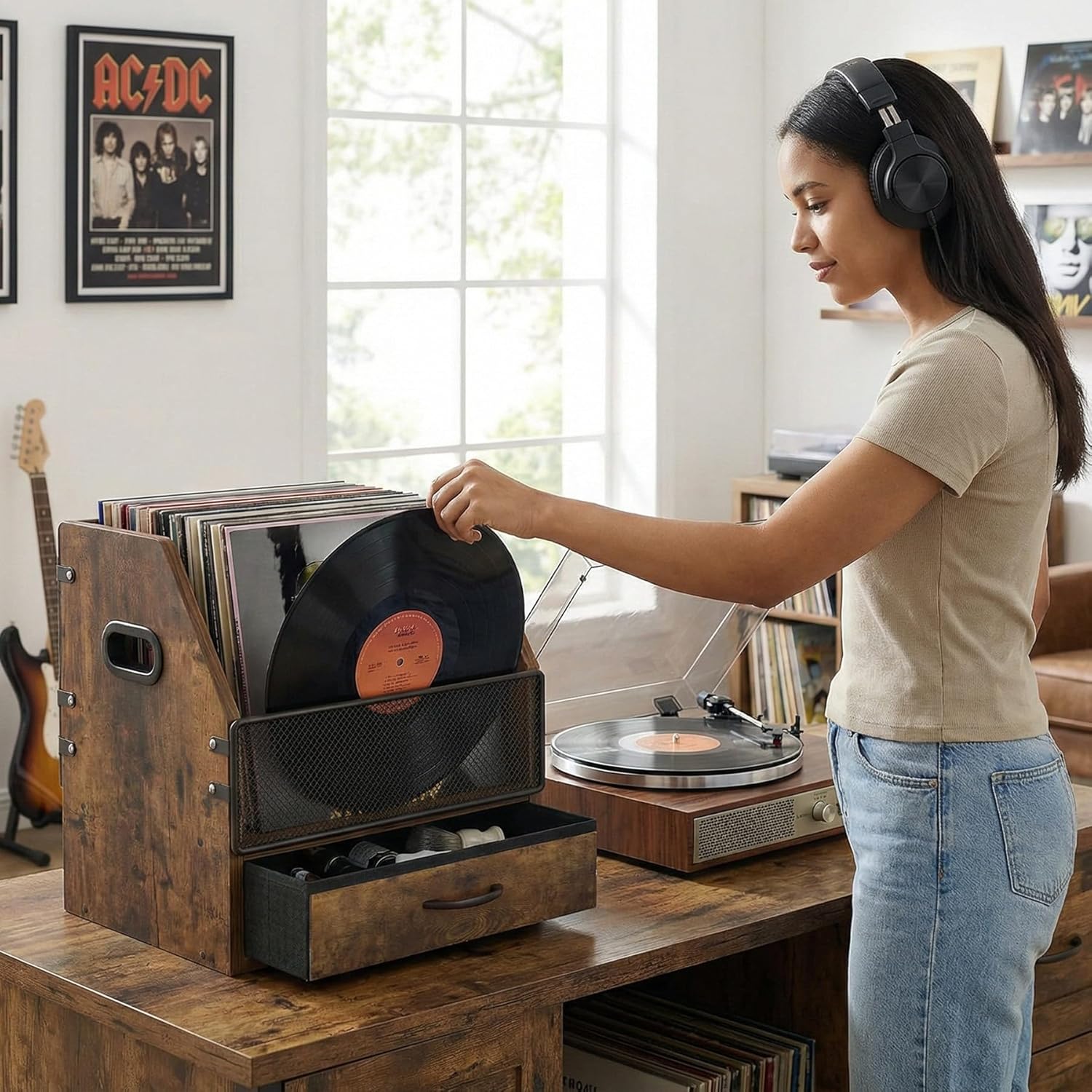 Vinyl Record Storage Crate with Fabric Drawer, Wooden LP Album Storage Holder for 12" Vinyls, All-in-One Organizer Holds 60 LPs