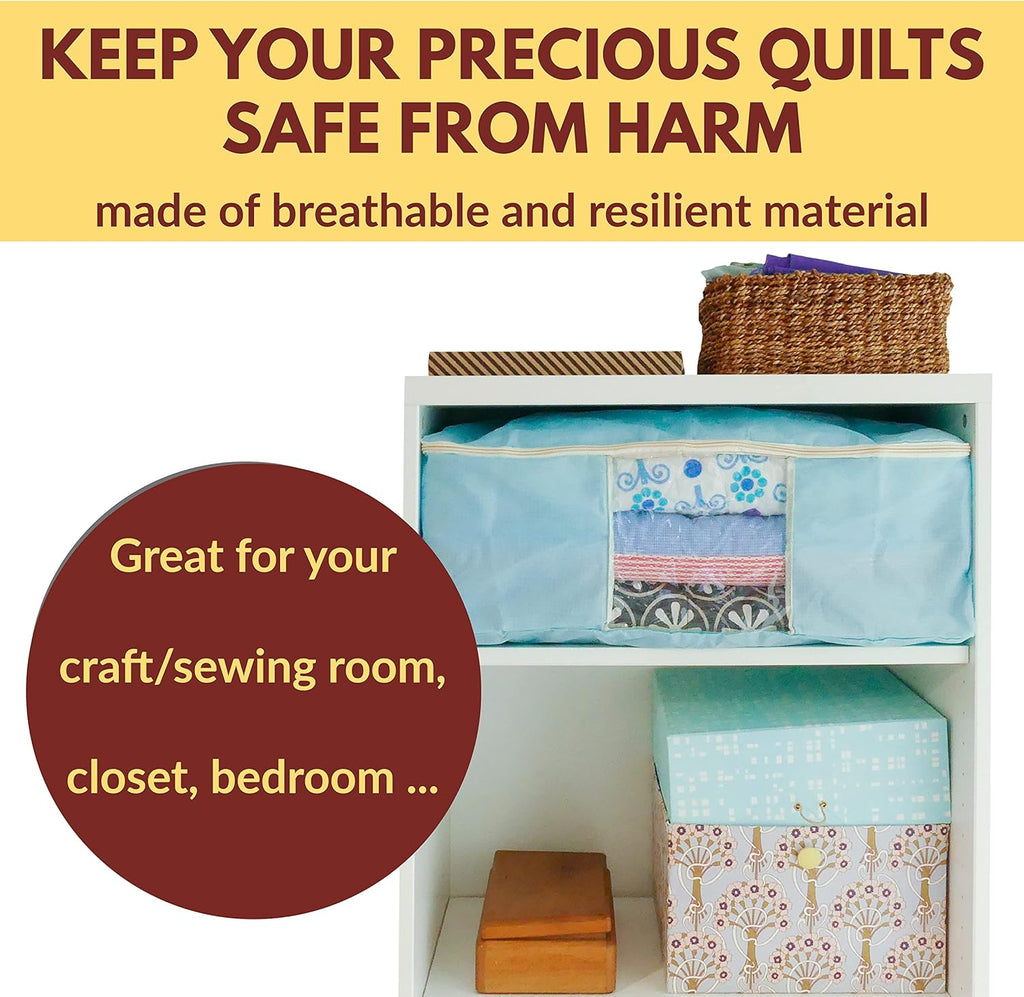 Madam Sew Quilt Blanket Storage Bag|Blanket Organizer|Comforter Storage for Clothes, Quilts, Bedding|Linen Bag Storage with Visible Front Panel, Strong Handles & 2-Way Zipper - Turquoise 22x15x8"