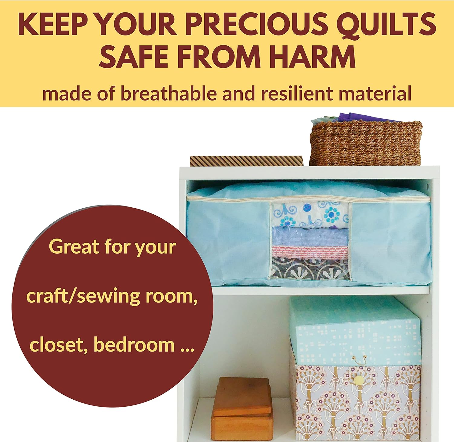 Madam Sew Quilt Blanket Storage Bag|Blanket Organizer|Comforter Storage for Clothes, Quilts, Bedding|Linen Bag Storage with Visible Front Panel, Strong Handles & 2-Way Zipper - Turquoise 22x15x8"