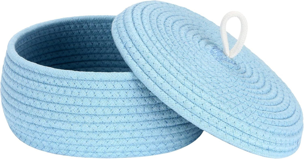 Sea Team Round Cotton Rope Storage Basket with Lid, Decorative Woven Storage Bin, Pot, Caddy, Organizer, Container for Snacks, Towels, Plants, 10 x 4.5 Inches (Small, Shallow, Blue)