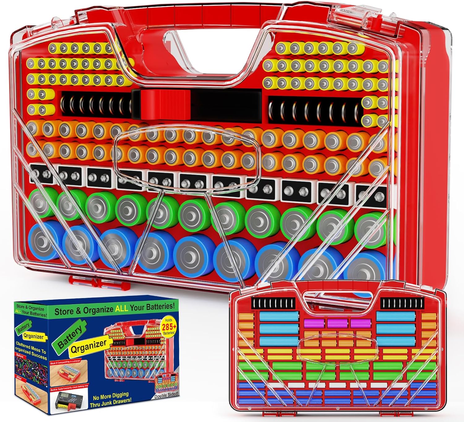 Battery Organizer Storage Holder Box Case with Tester, New Ultra-Large 285+Batteries Double-Sided Variety Pack, Holds AA AAA 4A C D 9V 3V Button Cell Lithium18650 CR2 CR123 CR1632 LR44 - Red