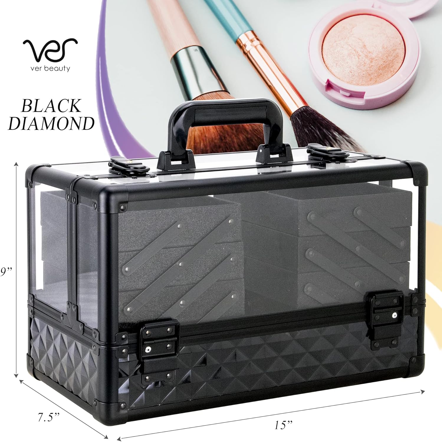 Ver Beauty Makeup Train Case 14 inch Armored Acrylic Large Portable Cosmetic Case 6 Trays Professional Storage Organizer Box Make Up Artist Jewelry Nail Kits Crafts Display Brush Holder- Black