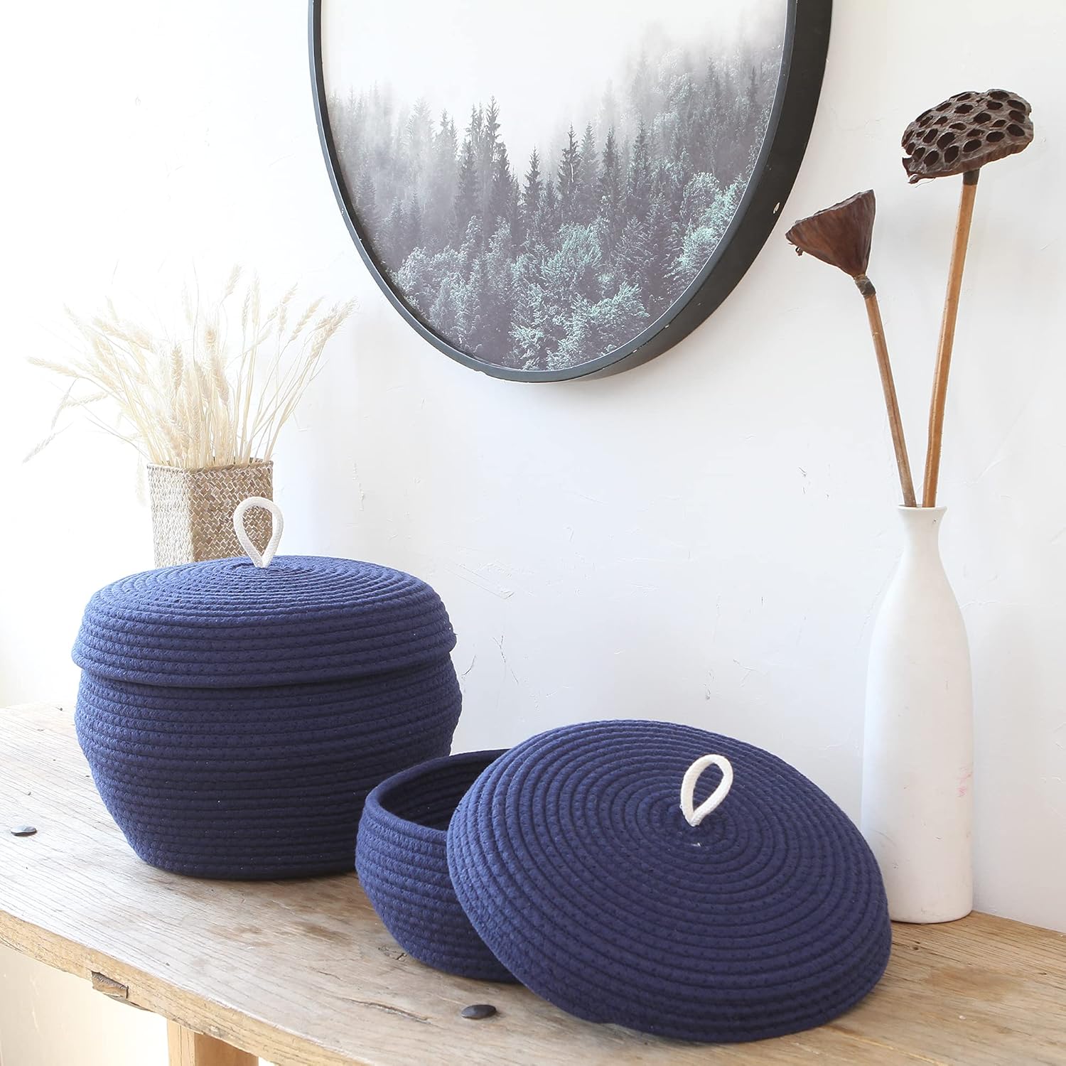 Sea Team Round Cotton Rope Storage Basket with Lid, Decorative Woven Storage Bin, Pot, Caddy, Organizer, Container for Snacks, Towels, Plants, 13 x 9 Inches (Large, Dark Blue)