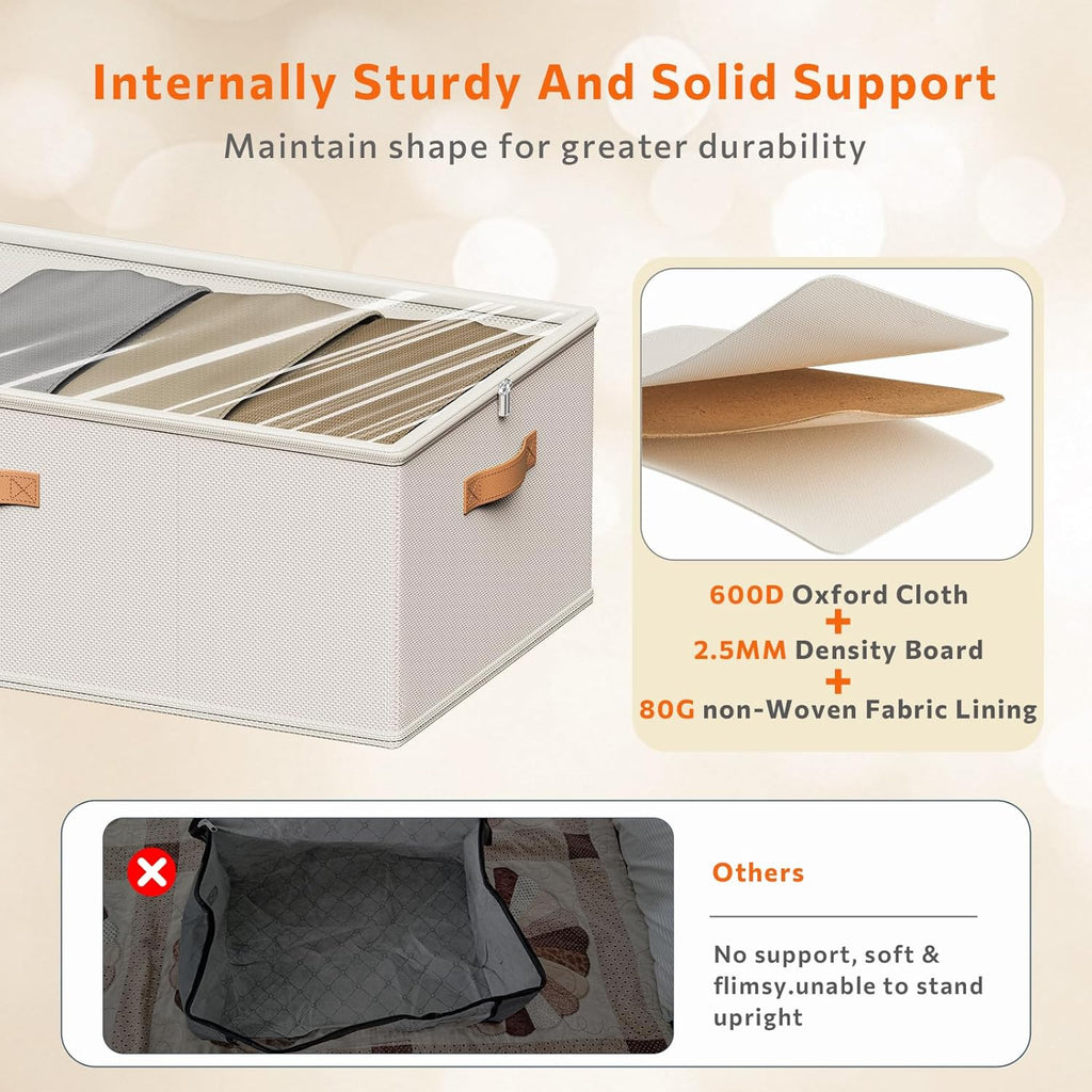 10 Inch 2 Pack Under Bed Storage Containers, 10 Inch Tall Underbed Clothes Storage Organizer Bin with Clear Window，Foldable Box Basket for Clothes, Closet, Bed Sheets and Blankets White